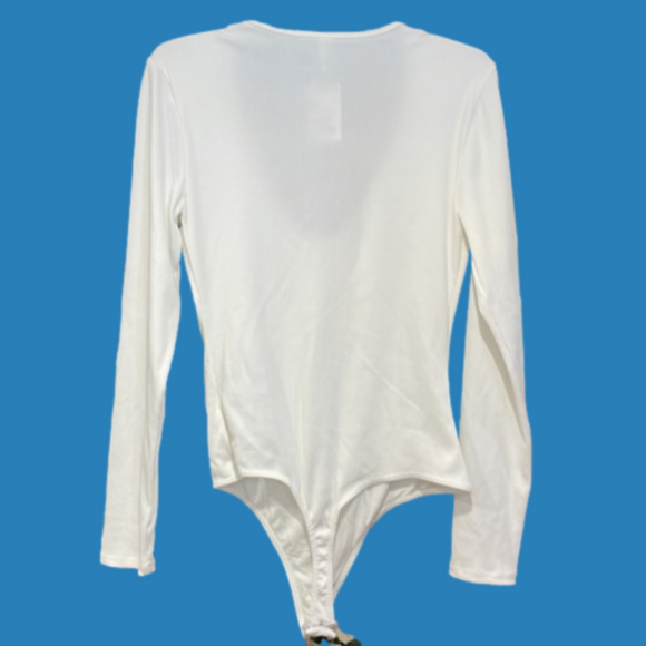 Free People Ribbed V-Neck Bodysuit White Top L NEW! - Picture 2 of 6
